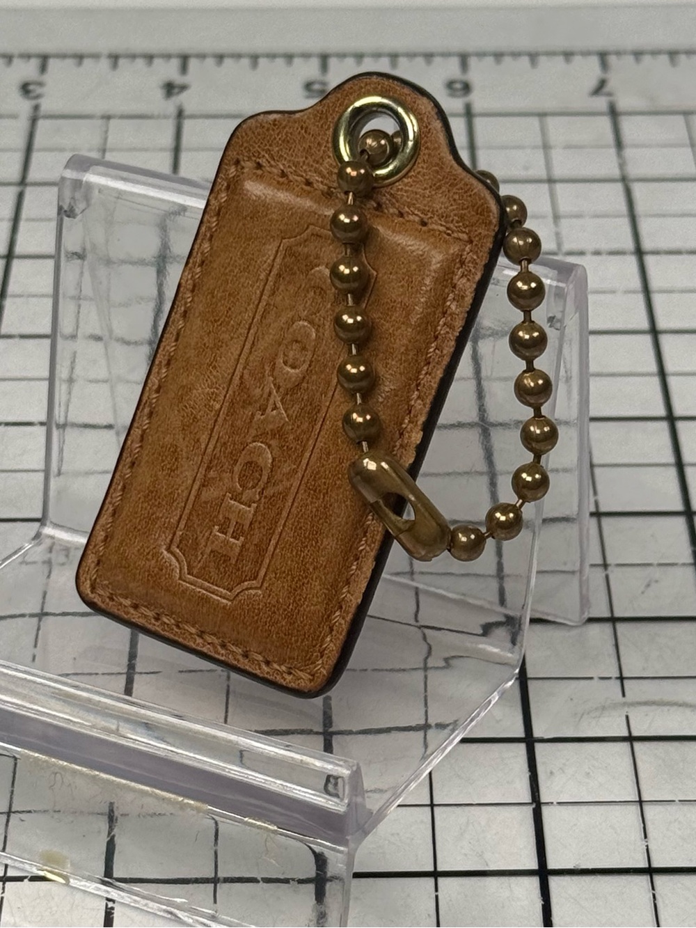 COACH Tan Leather Key Tag hang tag with Brass Ball Chain. Lg. 3 by 1.25 inches
